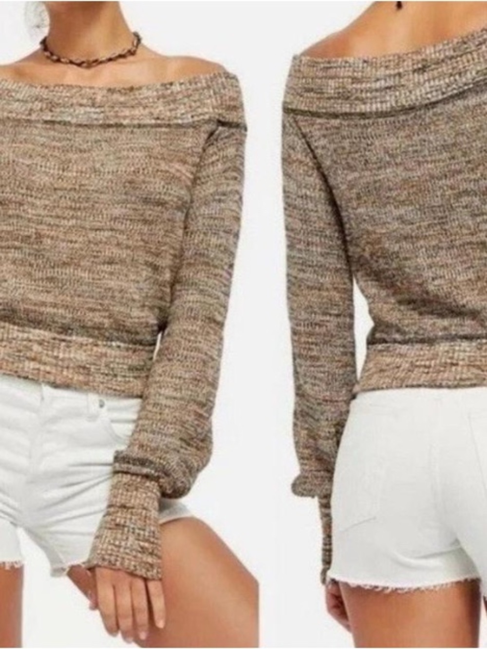 Free People Speckled Taupe Off-Shoulder Sweater